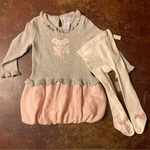 Baby Tahari Ballerina Mouse Grey Bubble Sweater Dress with Stockings